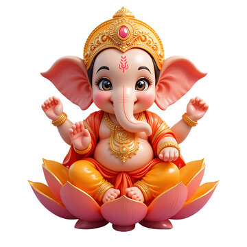 Cute 3D Ganpati Idol Sitting on Lotus for Wallpaper In transparent