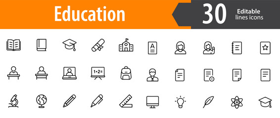education line icons set, book, graduation cap, school, online learning, editable formats: AI, EPS, JPG, PNG, ideal for both digital and print use
