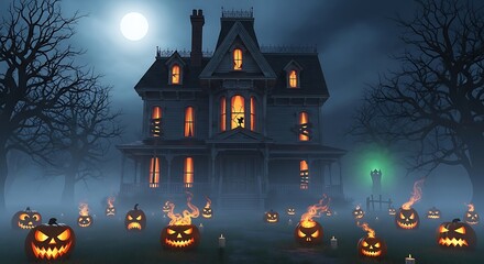 Haunted Halloween Mansion with Jack-o'-lanterns in Fog