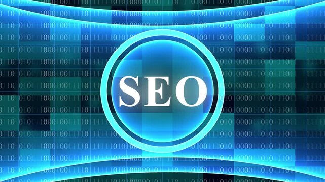 Digital SEO concept with binary code and glowing blue abstract background search engine optimization