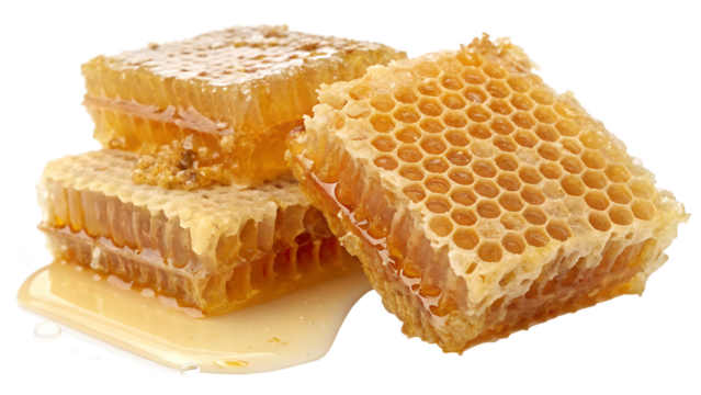 Honeycomb's Golden Display: A close-up shot reveals an alluring arrangement of honeycomb sections, each brimming with nature's golden elixir and demonstrating the intricate beauty of design PNG. AI GE