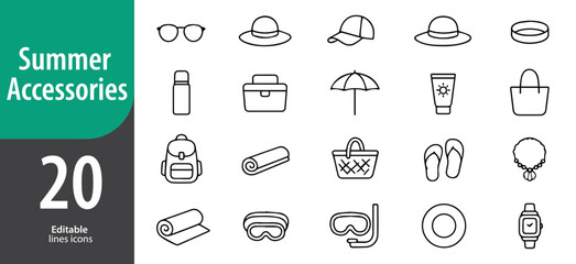 Naklejka premium summer accessories line icons set, sunglasses, hat, flip flops, beach bag, sunscreen, editable formats: AI, EPS, JPG, PNG, ideal for both digital and print use 