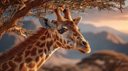 Obraz premium Closeup portrait of a giraffes head against a warm, golden sunset sky in the african savanna, highlighting its unique patterns and graceful features