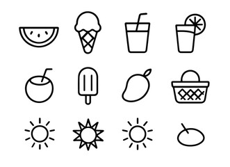 summer food and drinks line icons set, fruits, cocktails, ice cream, barbecue, picnic, editable formats: AI, EPS, JPG, PNG, ideal for both digital and print use
