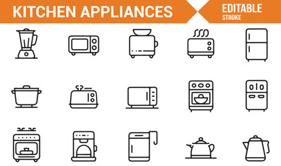 Collection of kitchenware and appliance icons in minimalist style