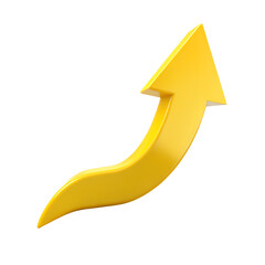 Yellow arrow pointing upwards with a curved tail, isolated on transparent background, symbolizing growth, progress, success, and positive upward trends