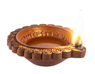 Angled Side View of Lit Diwali Lamp, isolated