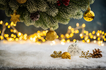 Christmas Holiday background with snow, fir tree and decorations with christmas light behind. Christmas red, white and golden balls on a winter festive background.