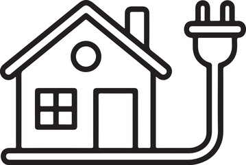 Simple line art icon of a house connected to an electrical plug