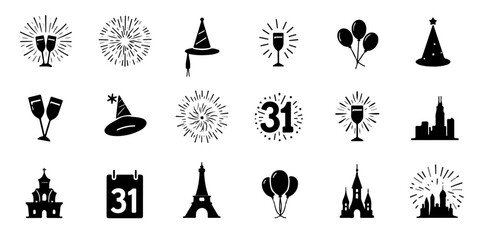 Silhouette Icons Set of New Year’s Eve, including fireworks, champagne glasses, party hats, balloons, confetti, countdown clock, calendar page with 31, music notes, city skyline, and festive celebrati