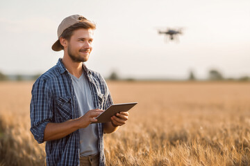 Farmer using digital tablet and drone in wheat field