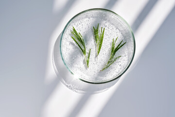 Rosemary cosmetic gel in a petri dish on a background with streaks of shadows.