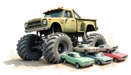 A towering monster truck playfully crushes a stack of colorful, classic cars.
