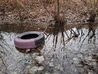 Old rubber tyre lies on river bank, abuse of environment