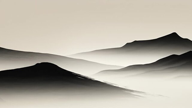 A serene monochrome landscape featuring misty mountains in a layered, brush-stroke style