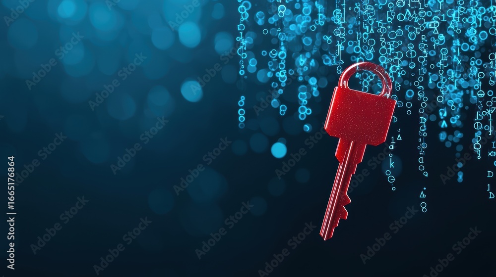 Poster security risk data digital representation of encrypted data with a red key hovering above, indicatin
