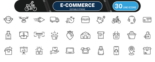 E-commerce and delivery icon collection, editable thin outline set for online shop, order shipping, retail business and logistic design