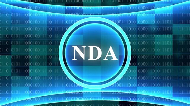 Blue digital binary code background with glowing circular NDA logo and abstract horizontal lines Non-Disclosure Agreement