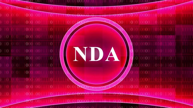 Red digital binary code background with glowing circular NDA logo and abstract vertical lines Non-Disclosure Agreement