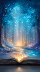 Magical open book with fantasy forest scene, inviting imagination and wonder