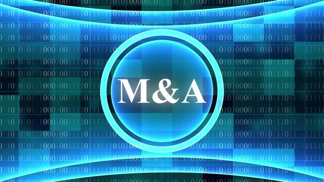 Blue digital binary code background with glowing circular M& A logo and abstract horizontal lines Mergers and Acquisitions