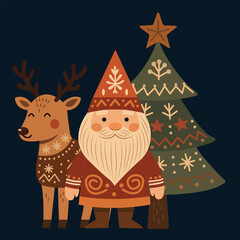 Vector folk Santa Claus in Scandinavian style with reindeer and decorated Christmas tree. Cozy festive holiday illustration for winter design, greeting cards and New Year celebration.