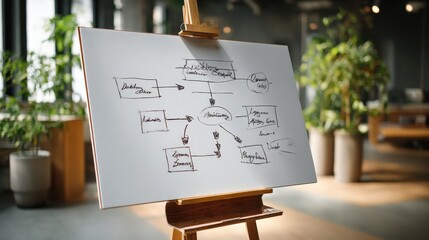 Whiteboard with a complex diagram and notes on an easel in a modern office with plants, representing business strategy and planning