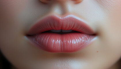 Fototapeta premium Natural Beauty of Moisturized, Glossy Lips with Smooth Skin and Subtle Facial Details—A High-Definition Close-Up Ideal for Cosmetic Inspiration, Dermatology Insights, 8K image 