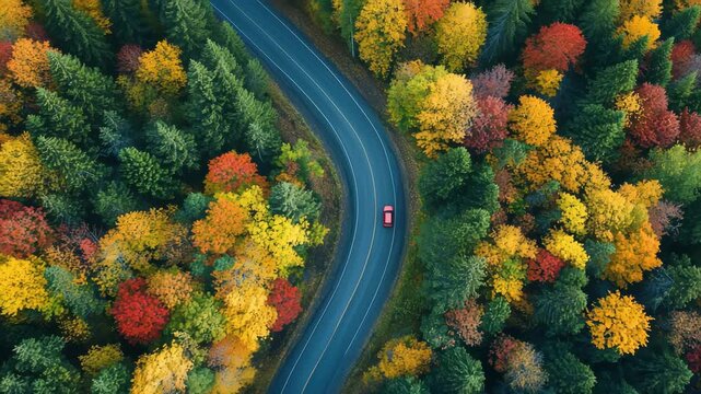 Aerial view of a winding road through a vibrant forest during autumn, with colorful trees showcasing the beauty of the changing season 4k video