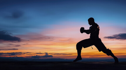 Silhouette of martial artist practicing in dynamic pose against vibrant sunset sky, evoking strength and determination