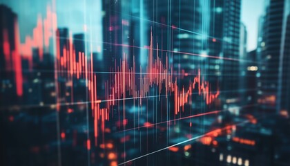 Double Exposure Of Investing And Real Estate Market Crash With Declining Digital Financial Chart Candlestick And Graphs In City Business Centers.