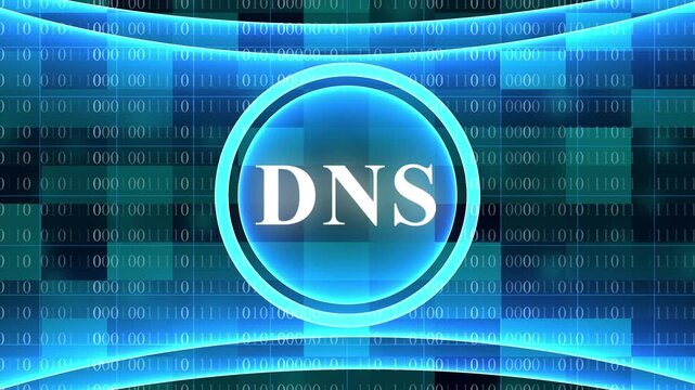 Bright Blue DNS Icon Against a Horizontal Binary Code Backdrop domain name system internet