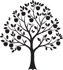 Fototapeta premium Black Silhouette of a Tree with Apples and Leaves on a White Background apple tree fruit