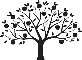 Fototapeta premium Black Silhouette of an Apple Tree with Many Apples and Leaves on a White Background fruit nature