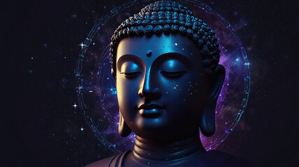 Close-up of a dark-toned Buddha statue, illuminated by cosmic light effects.