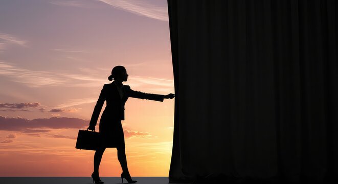 Silhouette of a businesswoman pulling back a dark curtain to reveal a vibrant sunset sky, symbolizing new opportunities and beginnings.