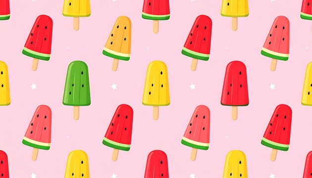 Colorful fruit popsicle pattern on a pink background