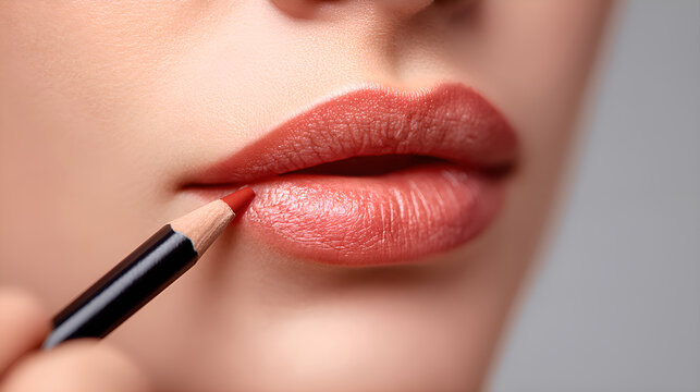 Makeup artist applying lip liner on model's lips for perfect contouring
