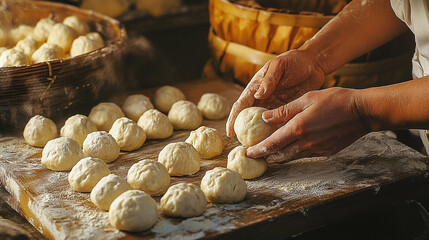 Artisan baker kneading dough balls in traditional wooden setting for culinary creations