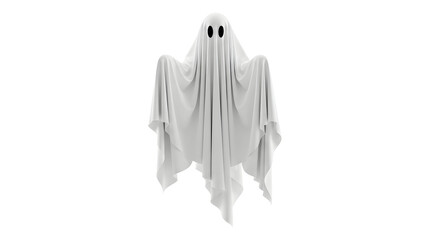 Cute floating cartoon ghost with sheet and black eyes isolated on white — friendly Halloween character illustration