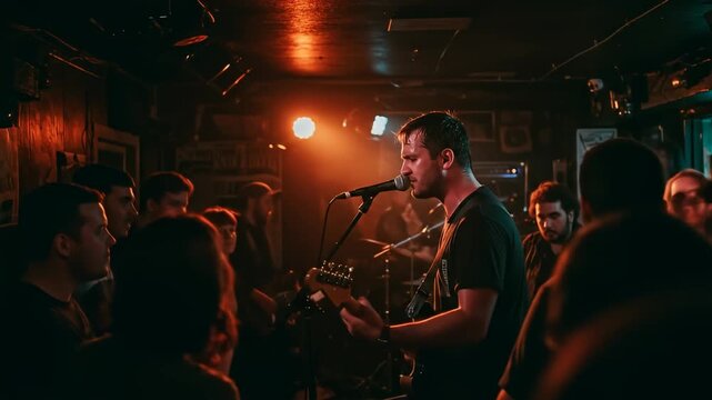 Musician performs at a live music venue with audience members surrounding the stage