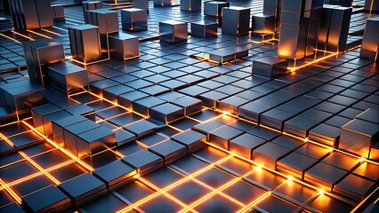 Abstract futuristic digital network with glowing orange lines