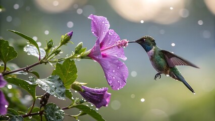 Jewel-toned hummingbird with iridescent feathers sips nectar from a dew-kissed purple hibiscus flower in a serene garden
