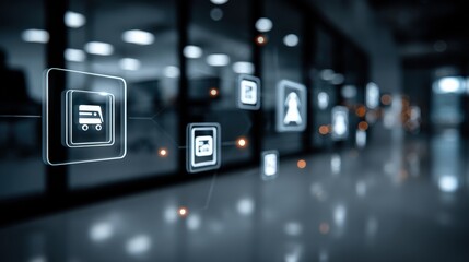 Futuristic digital interface with glowing icons representing technology and data flow, set against a dark, modern architectural background