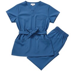 Blue scrub set with belted top and matching pants