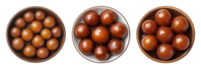 Three bowls of gulab jamun isolated on transparent background, top view