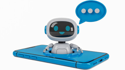 Cute white robot emerging from a blue smartphone with a speech bubble