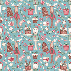 Watercolor seamless pattern. Christmas desserts - cakes, pancakes, candy canes, characters. Traditional festive sweets. For designing festive cards, greetings, invitations
