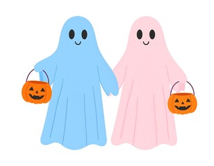 Cute ghosts holding pumpkin buckets