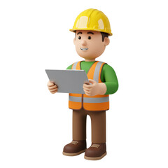 Smiling 3D Cartoon Construction Worker Holding Clipboard